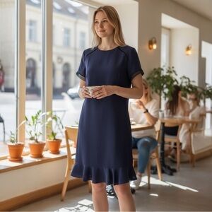 SHOSHANNA navy blue Lombard shift dress with black trim and a flounced hem 12